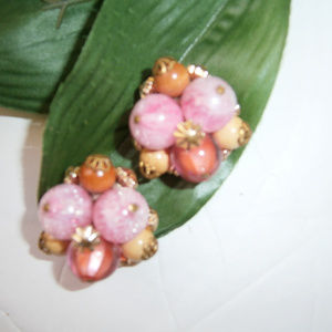 Vintage Cranberry Glass Cluster Earrings, Clip-On